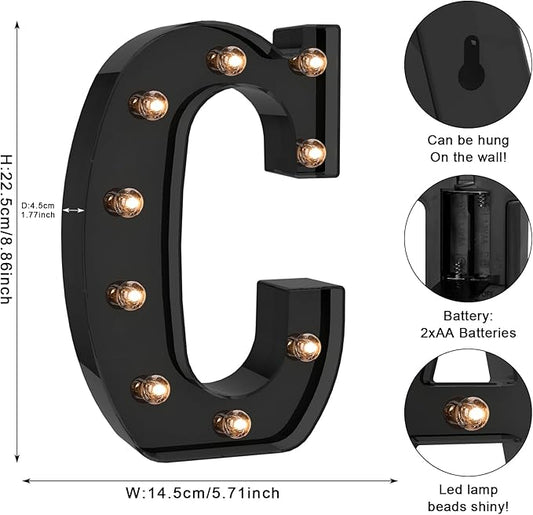 Foaky Black LED Letter Lights for Room Decor - Bedroom Wall Decor, Alphabet Lights for Home, Wedding, Party - Battery Operated (C)