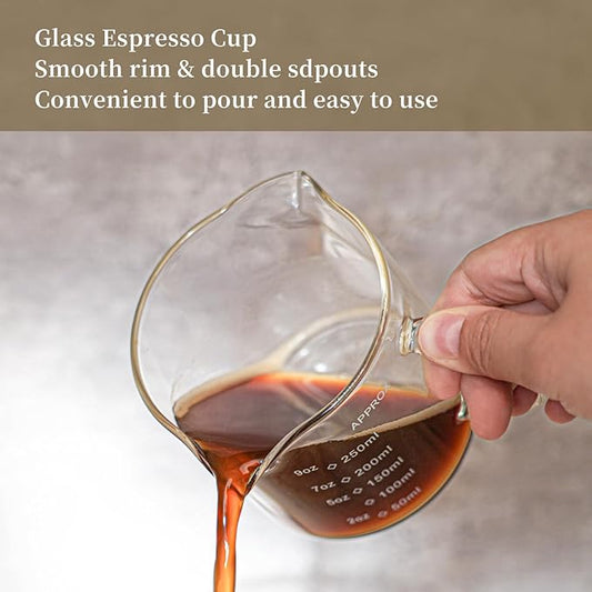 BCnmviku 1 Pack 250ML/8.5OZ Measuring Cup Espresso Shot Glasses Double Spouts Large Coffee Cup with Handle Triple Pitcher Milk Cup Parts Clear Glass