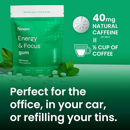 Neuro Energy & Focus Gum - 40mg Natural Caffeine Gum & Nootropic Energy Supplement with L-Theanine & B Vitamins - Sugar Free, Vegan - Spearmint, 90ct
