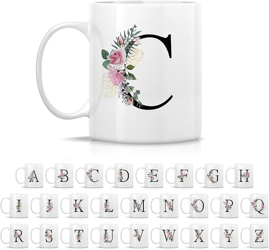 Retreez Initial A-Z Floral Botanical Bouquet Alphabet Monogrammed Monogram Mug 11 Oz Ceramic Tea Coffee Mugs - Appreciation Thank You Wedding Birthday Gifts for her friend coworker sister - C Initial