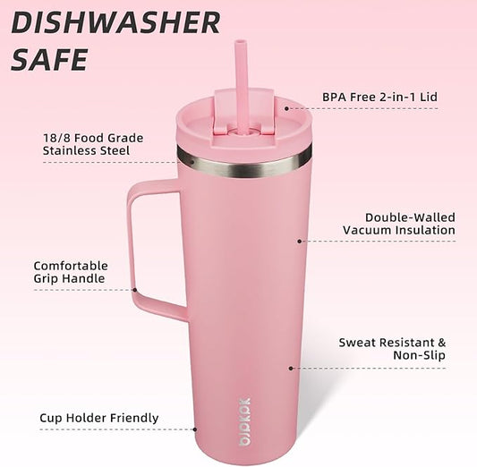 BJPKPK Insulated Tumbler with Handle, 30oz Insulated Tumblers with Lid and Straw, Stainless Steel Metal Water Bottles, Coffee Travel Mugs, Cups, Light Pink