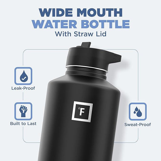 IRON °FLASK Camping & Hiking Hydration Flask with 3 Lids - Stainless Steel, Double Walled & Vacuum Insulated Water Bottle - Leak Proof & BPA Free (Day & Night, Straw - 64 oz)