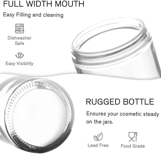 2 oz Round Clear Glass Jars, Bumobum 70 pack Cream Jars with Black Lids, Black and White Labels & Inner Liners, Empty Cosmetic Containers for Cream, Lotion