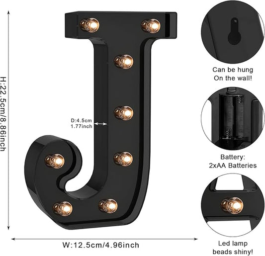 Foaky Black LED Letter Lights for Room Decor - Bedroom Wall Decor, Alphabet Lights for Home, Wedding, Party - Battery Operated (J)