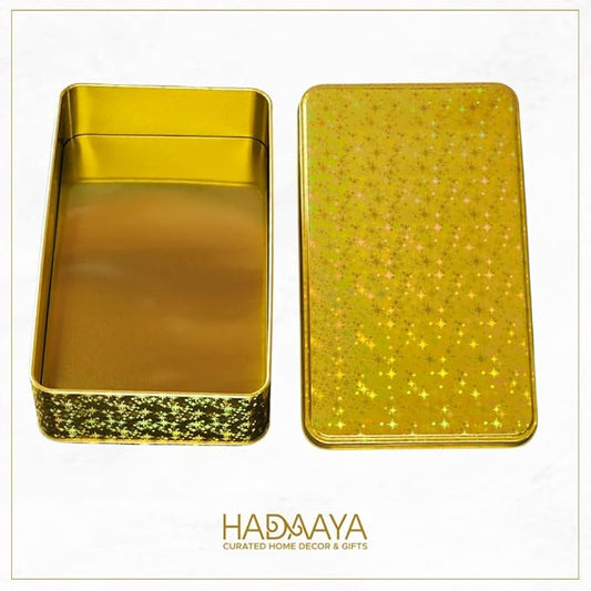 Gold Glitter Single Piece Empty Rectangular Tin Container With Lid, Multipurpose Festive Party Favor Gift Box For Cookies, Candies, Stationery & More - 7.5 x 4.25 x 2 Inches