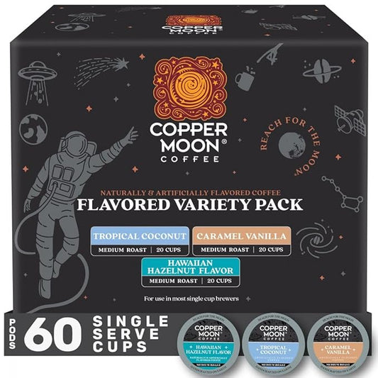 Copper Moon Single Serve Coffee Pods For Keurig K-Cup Brewers, Flavored Variety Pack (Caramel Vanilla, Tropical Coconut, Hawaiian Hazelnut), 60 Count