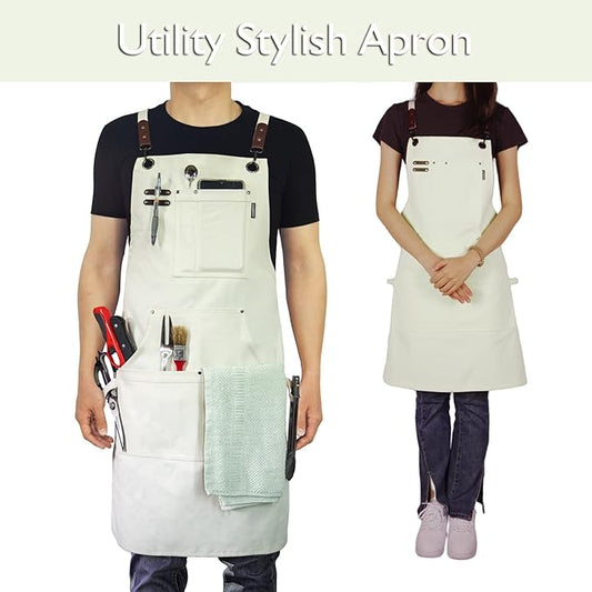 Kitchen Apron, Work Apron, Canvas, Multiple Pockets, Gardening, Painting, BBQ, Artist, Carpenter, Sizes M to XXL, White