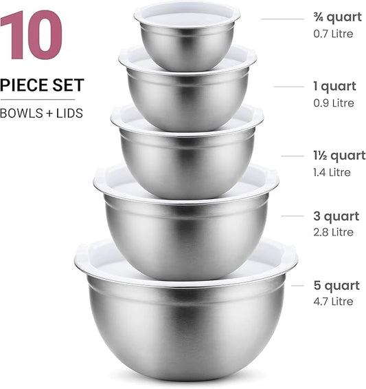 Mixing Bowls Set of 5, Stainless Steel Salad Bowls with Lids, Nesting Metal Mixing Bowls for Baking, Cooking, Prepping & Food Storage