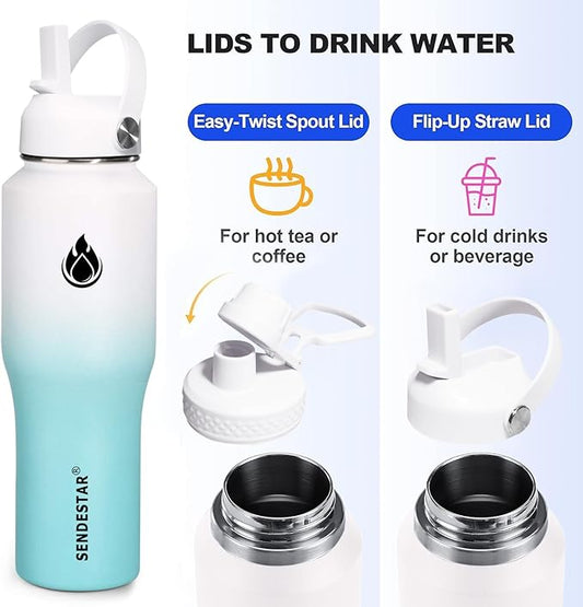 SENDESTAR 32oz Water Bottle Wide Mouth Stainless Steel Vacuum Insulated Double Wall with 2 Straw Lids Fit in Any Car Cup Holder TXIN-32-WT-1