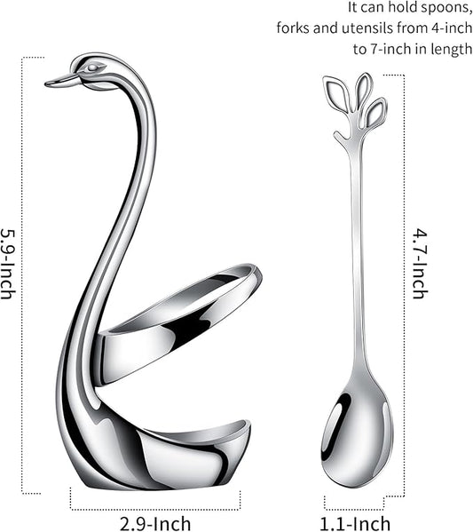AnSaw Silver Small Coffee Spoon Holder Set,Swan Base With 10 Pcs Demitasse Espresso Spoons Set,4.7" Mini Leaf Dessert Spoon,Stainless Steel Tea Spoons