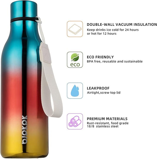 BJPKPK Insulated Water Bottles, 18 oz Stainless Steel Metal Water Bottle with Strap, BPA Free Leak Proof Thermos,Mugs,Flasks, Reusable Water Bottle for Sports & Travel, Caribbean Sunrise