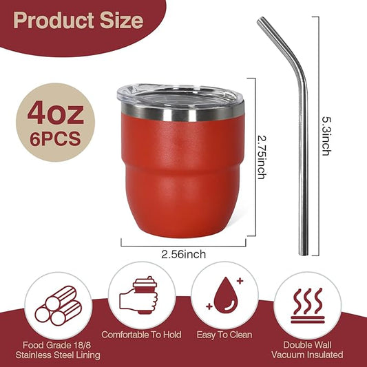 4oz Stackable Cup, Vacuum Insulated Espresso Cup Set of 2, Espresso Shot Glass for Coffee, Double Wall Stainless Steel Mini Tumbler Shot Glasses with Straw and Lid (A-blue2P, 4oz)