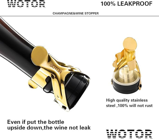 WOTOR Champagne&Wine Bottle Stoppers Stainless Steel with Food Grade Silicone, Leak Proof Keep Fresh Reusable Saver, Cork Suitable for Wine, Champagne, Cava, Prosecco and Sparkling (6 Pack Gold)