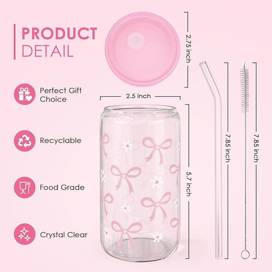 SANDJEST Bow Glass Can, Bows Cup with Lid & Straw, Iced Coffee Aesthetic Cups, Idea Gift for Christmas Birthday Mother Day, Gifts for Women, 16oz