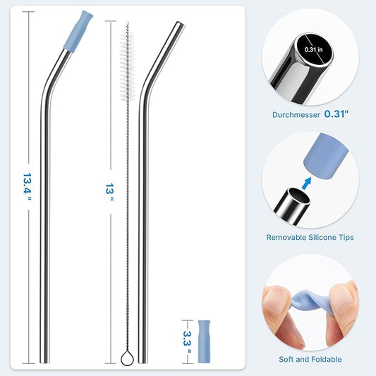 2 Pcs Stainless Steel Straw with Silicone Tips for 40 oz Stanley Tumbler, Repeatable 40 oz Metal Straws for Stanley Adventure Quencher Travel Tumbler Cup, BPA Free(Light Blue)