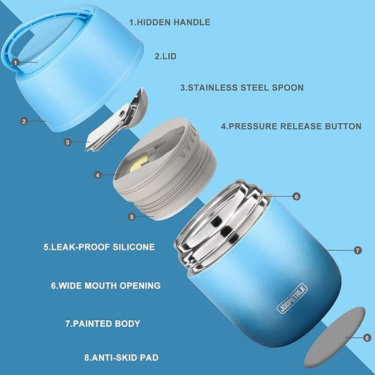 17 oz Insulated Lunch Containers, Hot Food Jar, Wide Mouth, Vacuum Stainless Steel Thermo Lunch Box with Handle and Folding Spoon, Blue