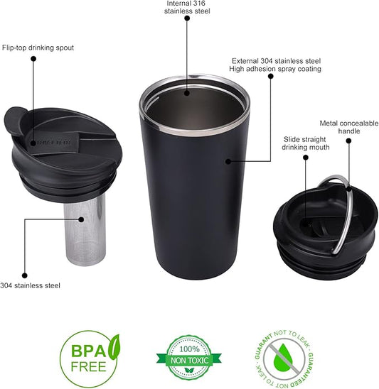 GiNT 17oz Travel Mug with Infuser and Two Lids. Vacuum Insulated 316 Stainless Steel Coffee Mug. Dishwasher Safe Mug with Tea Strainer for Hot and Cold Brew Coffee or Tea(Black)