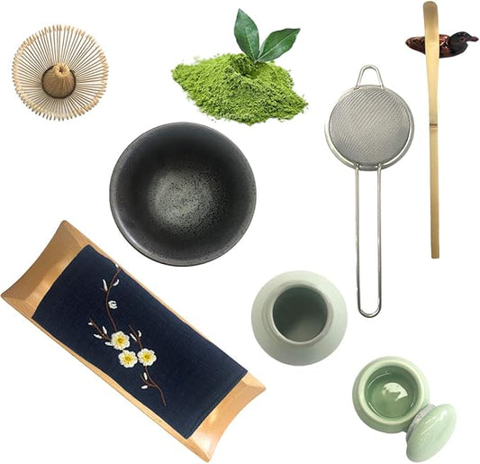 Artcome Traditional Japanese Matcha Tea Set, Matcha Whisk, Traditional Scoop, Matcha Bowl & Caddy, Ceramic Whisk Holder, Handmade Matcha Ceremony Kit (9Pcs)