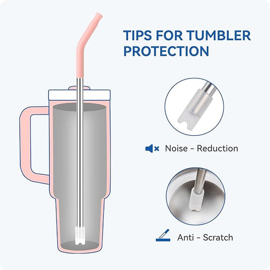 Reusable Metal Straws with Silicone Tip for Stanley 30oz,Stainless Steel Drinking Straws for 30oz Tumbler,3 Straight Tubes & 6 Tips& 1 Cleanr Brush (Rose Quartz)