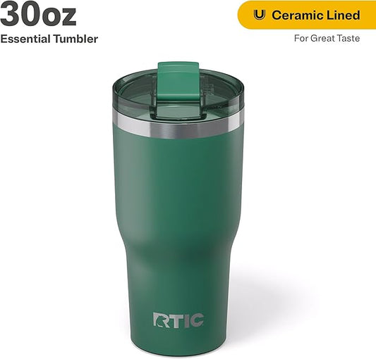 RTIC 30oz Essential Tumbler with Lid, Insulated, Stainless Steel, Metal, Double Wall Vacuum-Insulation, Ceramic Lined, Travel Cup for Iced Coffee, Tea, Hot and Cold Drink, Pine Tree
