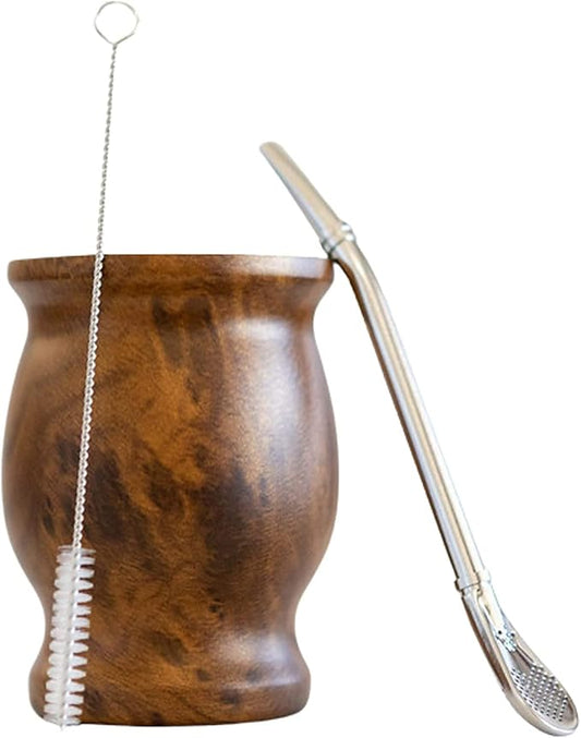 LA FEE Yerba Mate Natural Gourd/Tea Cup Set Brown (Original Traditional Mate Cup - 8 Ounces),Includes Yerba Mate Straw & Cleaning Brush,Stainless Steel | Double-Walled | Easy to Clean (Brown)