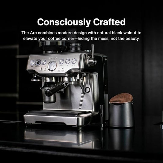 Crema Coffee Products Arc Knock Box | Holds 12–16 EspressoPucks|Durable,Stain-ResistantBuild withNon-Slip Base|Elegant WalnutPlastic Lid Design| EasyClean-Up &Moisture Control|BlackPlasticLid Finish