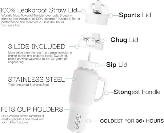 Coldest 40 oz Tumbler with Handle and Straw - 100% Leak Proof Insulated Tumbler with Lid and Straw (3 Lids) - Stainless Steel Tumblers for Women & Men - Cup Holder Friendly Base, 46 oz (Epic White)