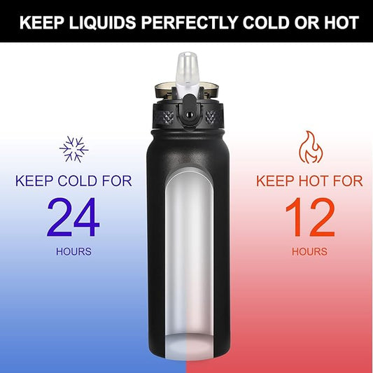 GOPPUS 20oz Insulated Stainless Steel Water Bottle with Straw Lid Reusable Leakproof Water Flask, Keeps Hot and Cold Sports Canteen Water Bottles for Kids Men Women Gym (Black 1 Lid)