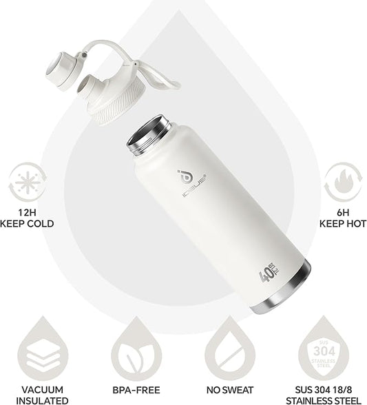 IDEUS Insulated Stainless Steel Water Bottle with 2 Leak-Proof Lids, Thermal Water Flask for Hiking Biking, 40oz, White