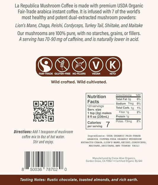 La Republica Big Shot Decaf Instant Mushroom Coffee Organic (120 Servings) with Lion's Mane, Reishi, Chaga, Cordyceps, Maitake, Turkey Tail