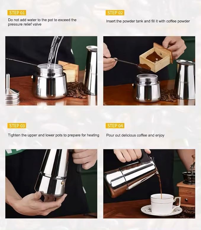 SEQ Stovetop Espresso Maker β 6 Cup (10 oz) Stainless Steel Moka Pot | Induction, Gas, Ceramic, Electric & Halogen Compatible | FREE Coffee Scoop + Extra Gasket | Easy Home Espresso