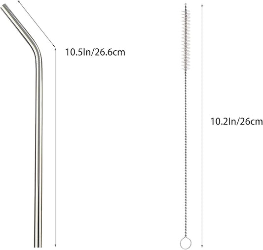 10 Pcs Stainless Steel Straws, Reusable Drinking Straws, Bent Metal Straw Sets with 2 Pcs Cleaning Brushes (Silver, 10.5 Inch)