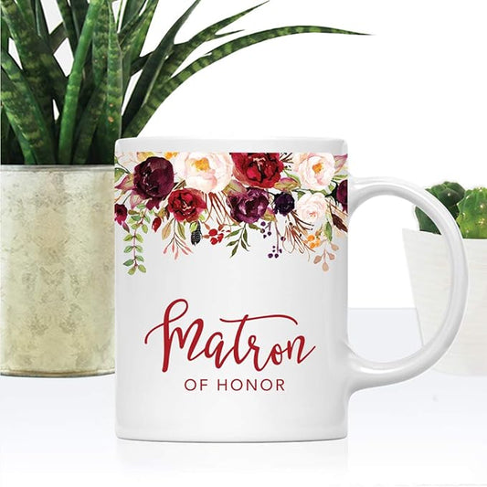 Andaz Press 11oz. Wedding Ceramic Coffee Tea Mug Gift, Fall Autumn Marsala Burgundy Flowers Roses Florals, Matron of Honor, 1-Pack, Includes Gift Box