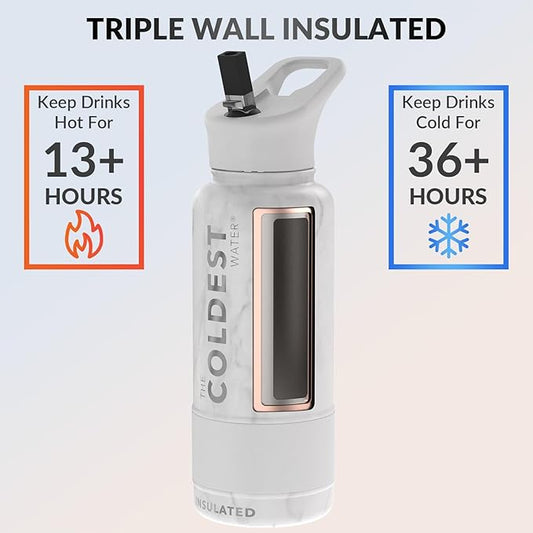 Coldest Insulated Water Bottle with Straw Lid - Stainless Steel Metal Insulated Bottle for Men & Women (Marble White, 32 oz)