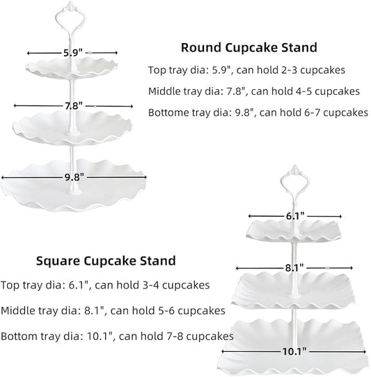 2 Set of 3-Tier Plastic Cupcake Stand Dessert Plates Mini Cakes Fruit Candy Display Tower White for Birthday Tea Party Baby Shower Serving Tray