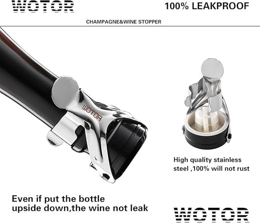 WOTOR Champagne&Wine Bottle Stoppers Stainless Steel with Food Grade Silicone, Leak Proof Keep Fresh Reusable Saver, Cork Suitable for Wine, Champagne, Cava, Prosecco and Sparkling (6 Pack Silver)