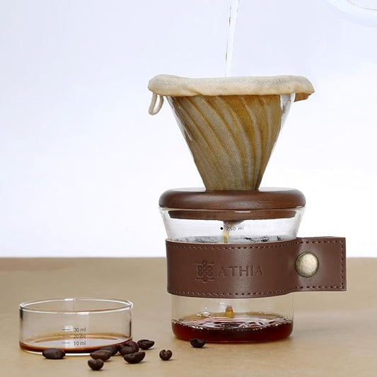 ATHIA glass pour over coffee maker set, minimalist drip coffee maker with reusable cloth filter, glass coffee dripper, walnut lid & leather sleeve for single cup manual brewing (Walnut Wood)