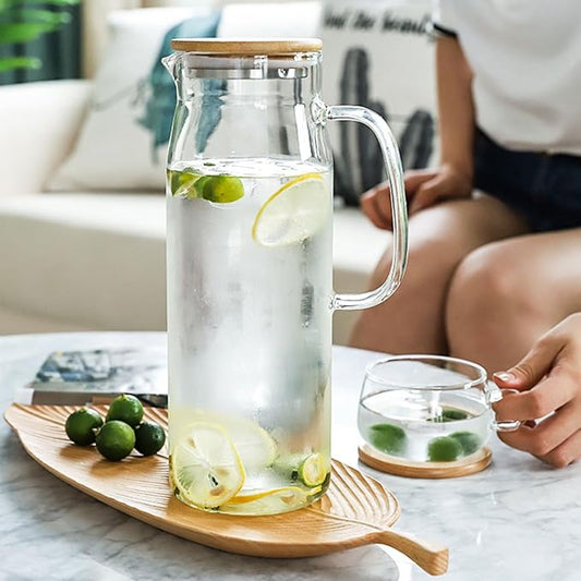 hjn Glass Water Pitcher with Lid Glass Carafe with Handle, Fridge Water Jug for Cold or Hot Beverages, Iced Tea, Milk, Juice 1500ml/51oz & bamboo lid