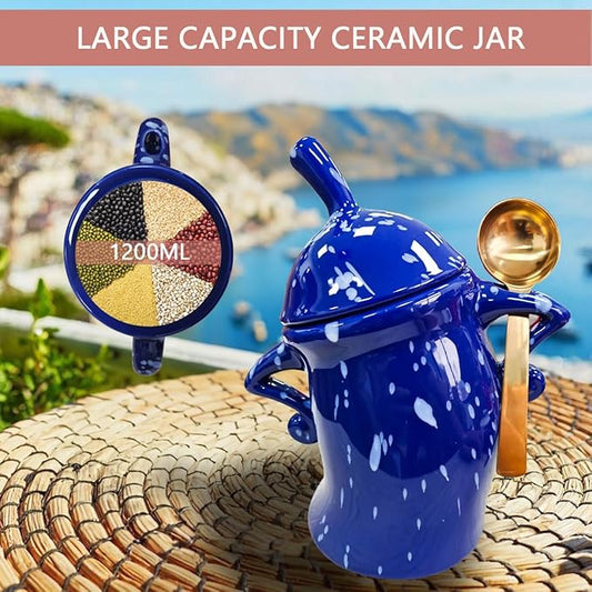 Canister With Attitude - 1.2L Ceramic Storage Jar with Lid, Airtight Kitchen Canisters Set for Coffee, Sugar & Tea | Farmhouse Flour Sugar Storage Container, Handmade with Spoon Rest (Blue)