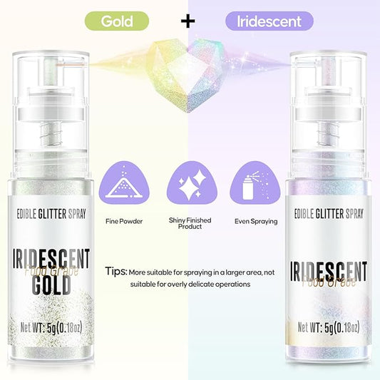 Edible Glitter Spray,2 Colors Iridescent & Iridescent Gold Food Grade Edible Glitter Set for Drink Cake Beverages,Cupcakes,Cake Pops and Cookies Decorating
