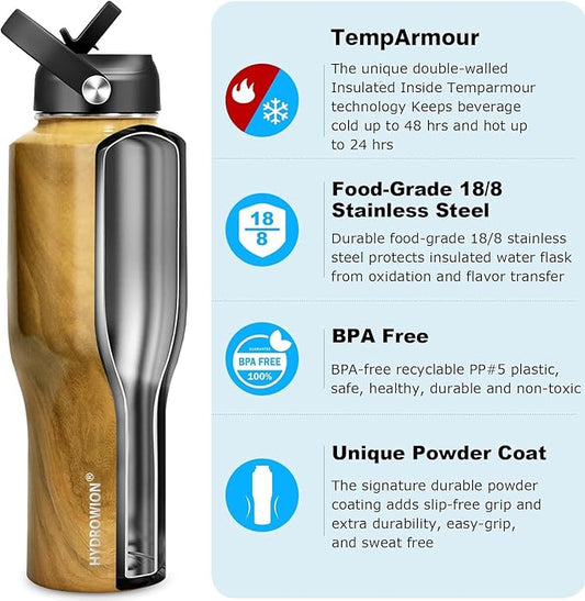 HYDROWION 40 oz Insulated Water Bottle with Straw fit in Car Cup Holder(Cold 48 hrs, Hot 24 hrs) Drinking Bottle with Straw Lid, Spout Lid and Flex Cap Leakproof Travel Thermo Mug,Wood