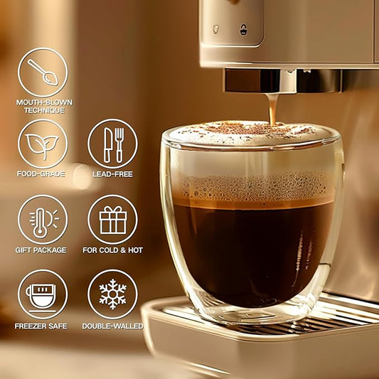 8 Ounces Set of 4 Double Walled Glass Coffee Mugs Insulated Layer Coffee Cups Borosilicate Glass Espresso Double Insulated Clear Glass Coffee Mug for Hot Beverages