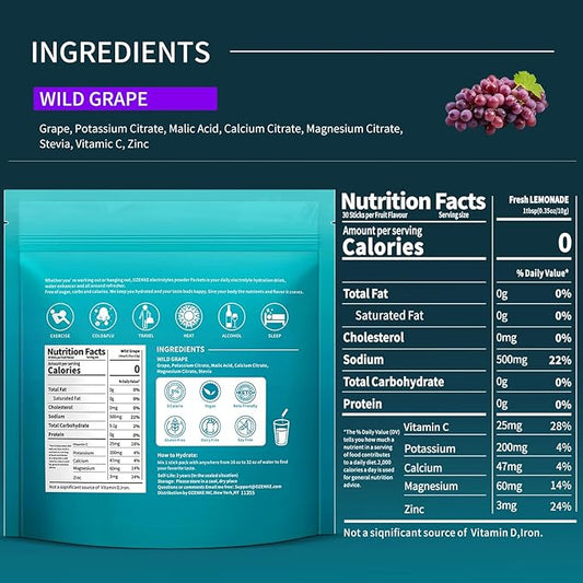 Electrolytes Powder Packets, 30 Sticks Hydration Packets Sugar Free, Electrolyte Drink Mix Portable Electrolyte Packets for Rapid Hydration, 0 Sugar & 0 Calorie, Grape Flavor