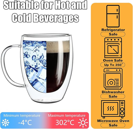 Set of 4 Double Walled Glass Coffee Mugs with Handles, 12oz Clear Coffee Mugs for Hot/Cold Beverages, Insulated Borosilicate Glass Cups for Cappuccino, Espresso, Latte, Tea, Milk, Microwave Safe