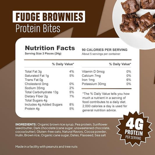 McCaffrey Protein Bites – Fudge Brownie Flavor – 6 Multi-Serving 4oz Bags – 4g of Protein per Serving – Gluten-Free, Vegan, High Fiber Energy Snack for Active Families
