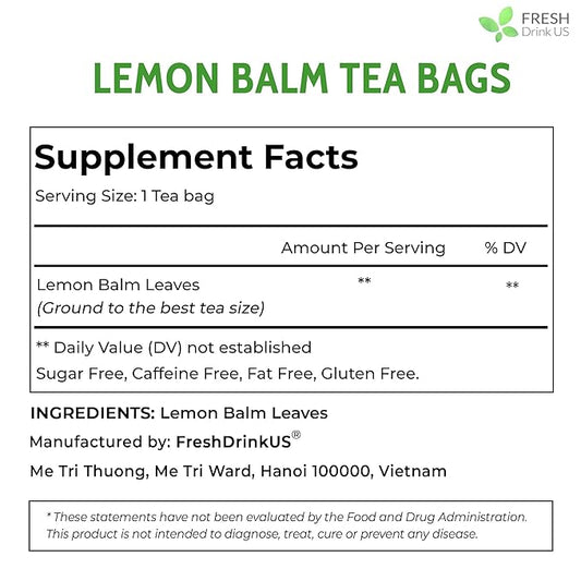 FreshDrinkUS, Lemon Balm Tea Bags | 75 Count |100% Pure Melissa officinalis – Naturally Calming Herbal Tea | Caffeine-Free, Premium Quality, Refreshing Flavor, Sustainably Sourced