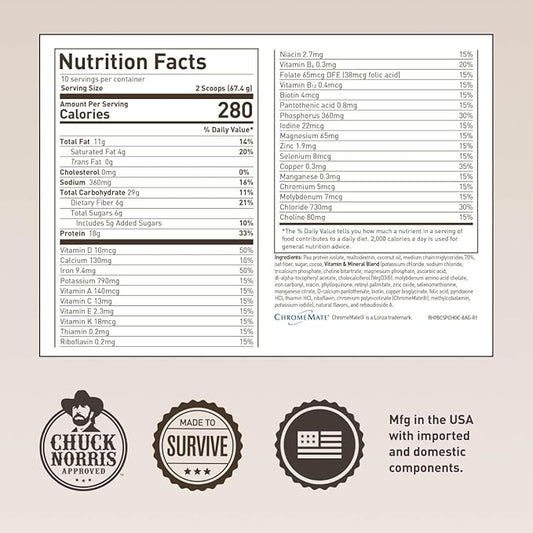 Basecamp Complete Nutrition Shake by Chuck Norris Roundhouse Provisions – Plant-Based Emergency Meal with 18g Protein & 28 Essential Nutrients – Rich Chocolate Flavor – 10 Servings, 3-Year Shelf Life