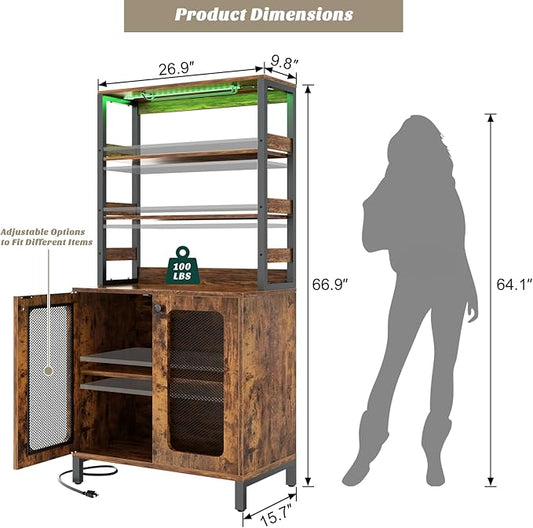 Aheaplus Bar Cabinet with Power Outlets, 67" Tall Wine Bar Liquor Cabinet with LED Lights & Glass Holder, Coffee Bars Station for Living Room, Microwave Stand Bakers Rack Cabinets, Rustic Brown