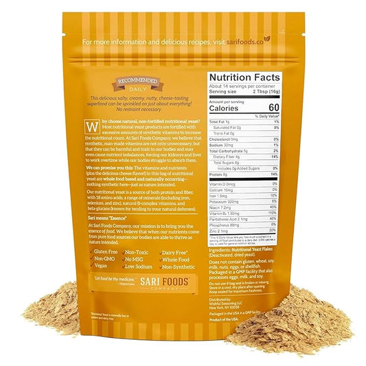 Sari Foods Non-Fortified Nutritional Yeast Flakes - 8oz - Superfood, Protein. Gluten Free & Dairy Free Vegan Cheese Parmesan Substitute, Vitamins B, Beta-glucans & 18 Amino Acids