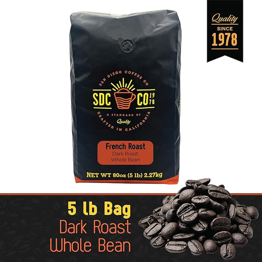 San Diego Coffee French Roast, Dark Roast, Whole Bean Coffee, 5-Pound Bag Café en grano tostado
